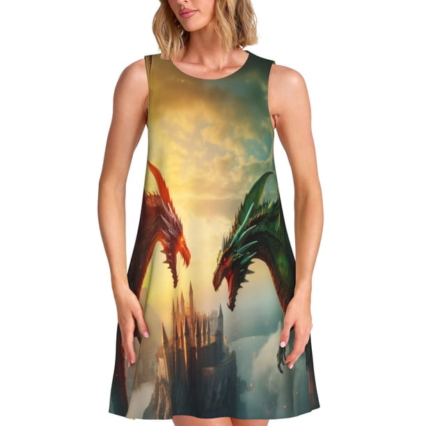 Disketp Castle Red Green Sky Dragon para Vestido sin Mangas para Mujeres, Vestidos de Verano para Mujeres, Casual y Holgado para la Playa