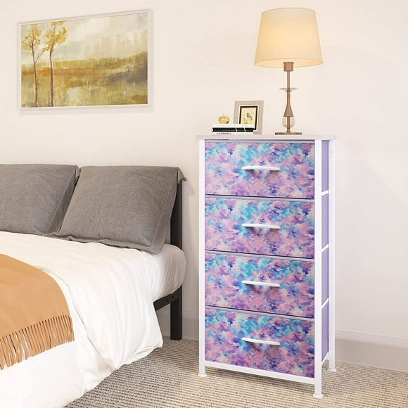 DEXTRUS 4-Drawer Fabric Dresser for Bedroom, Storage Organizer Chest of Drawers Fabric Nightstand for Bedside, Hallway, Closet, Tie-Dye Purple