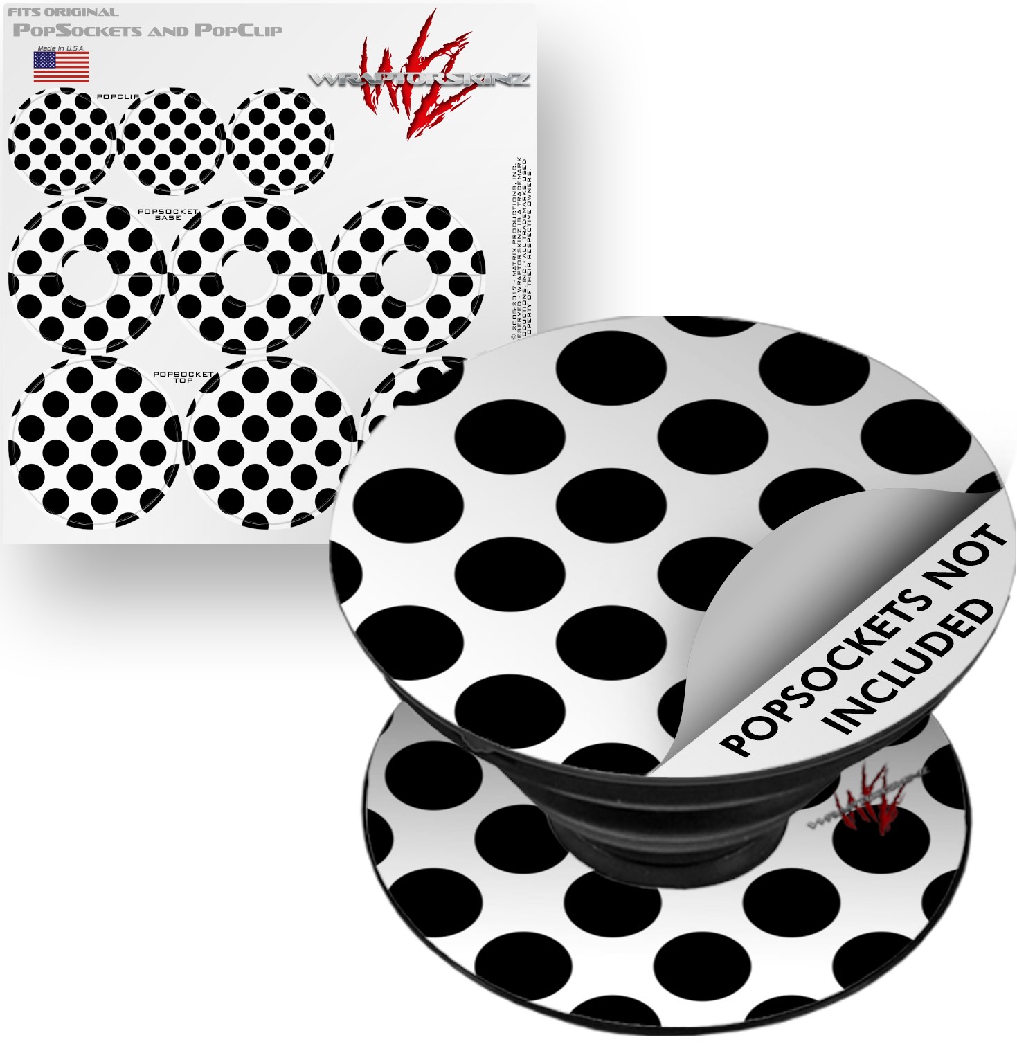 Decal Style Vinyl Skin Wrap 3 Pack for PopSockets Kearas Polka Dots White And Black (POPSOCKET NOT INCLUDED) by WraptorSkinz