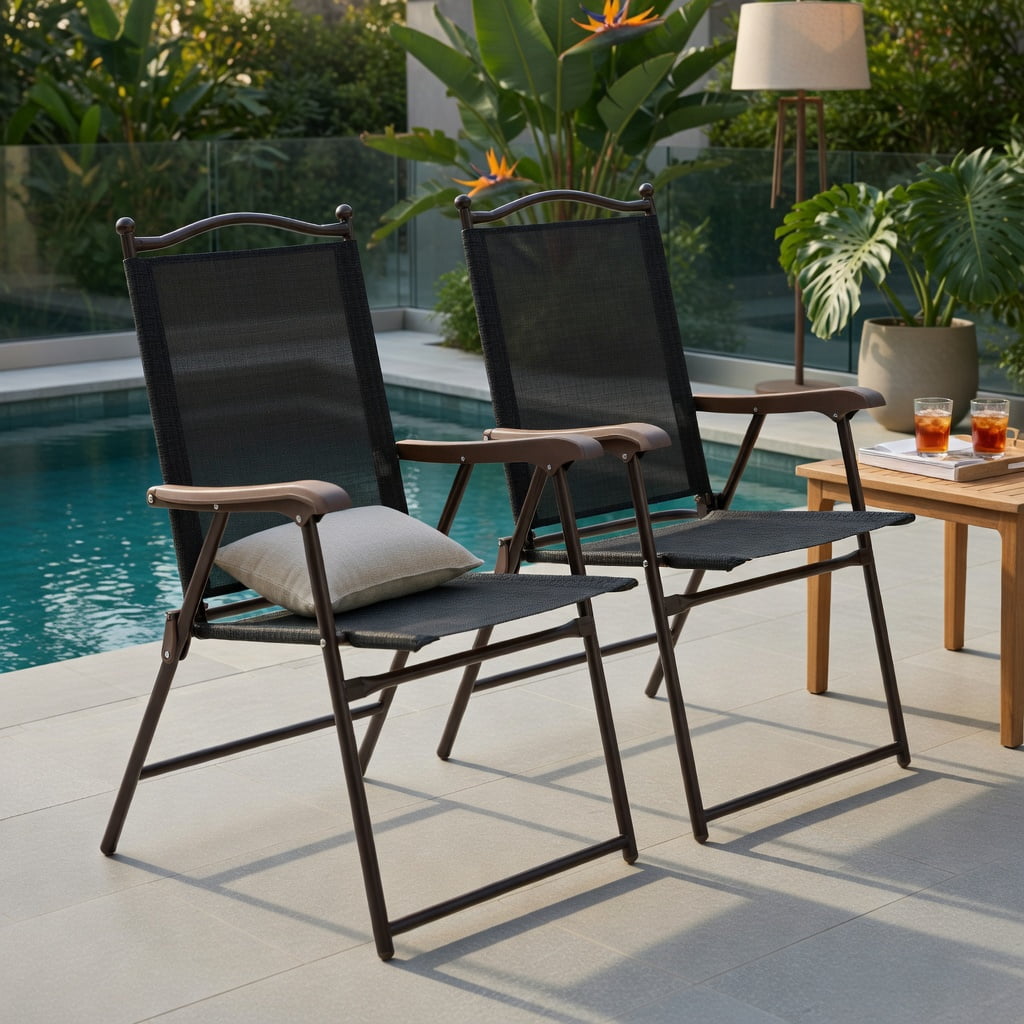 Hommoo 2-Pack Foldable Outdoor Lounge Chairs for Patio, Deck & Camping, Steel Frame, UV-Resistant Textile Sling Back, Compact Storage Design, Brown