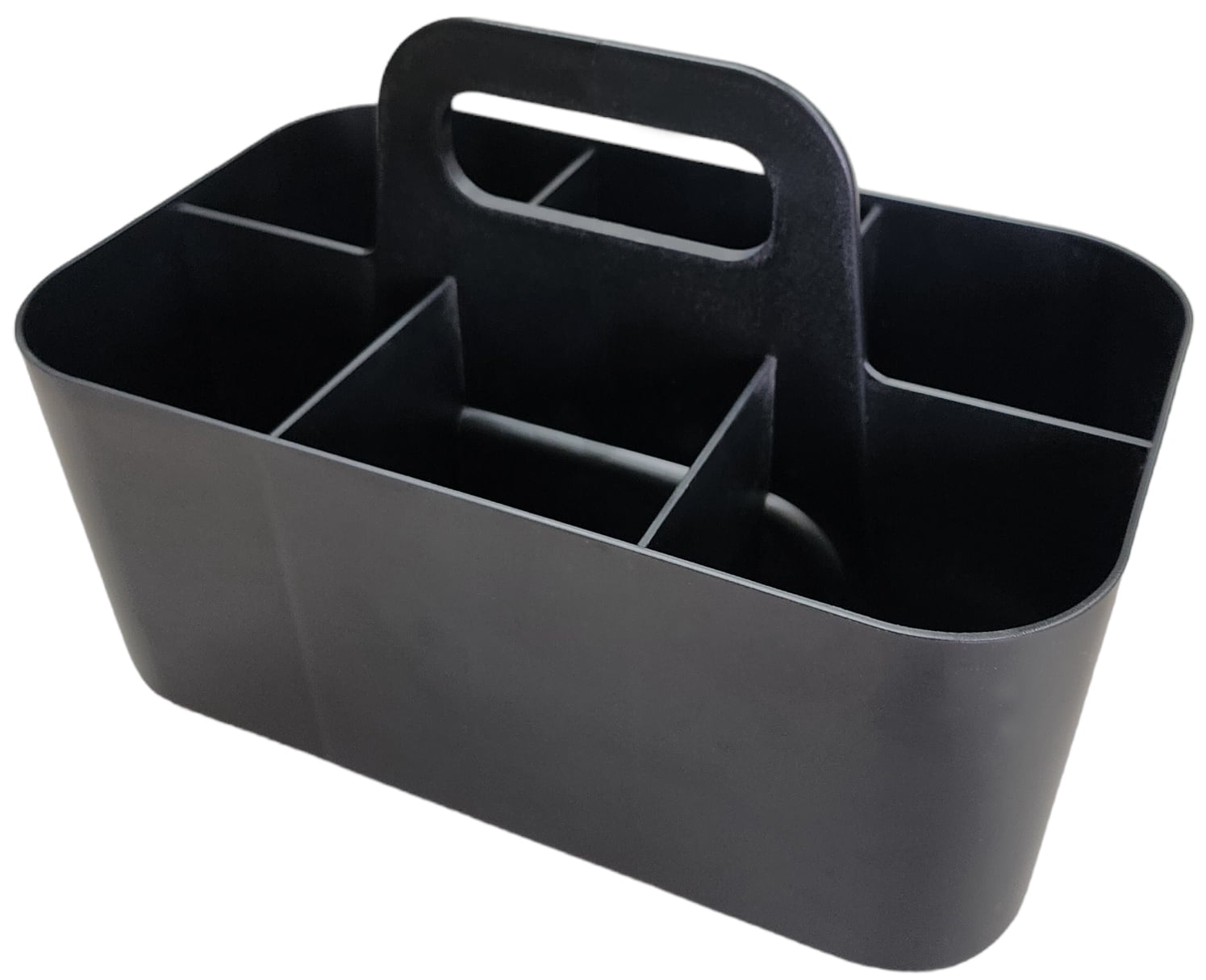 Enjoy Organizer - Small Stackable Plastic Caddy with Handle 6 Compartment | Desk, Makeup, Dorm Caddy, Classroom Art Organizers - 4 Pack, Made In USA (Black)