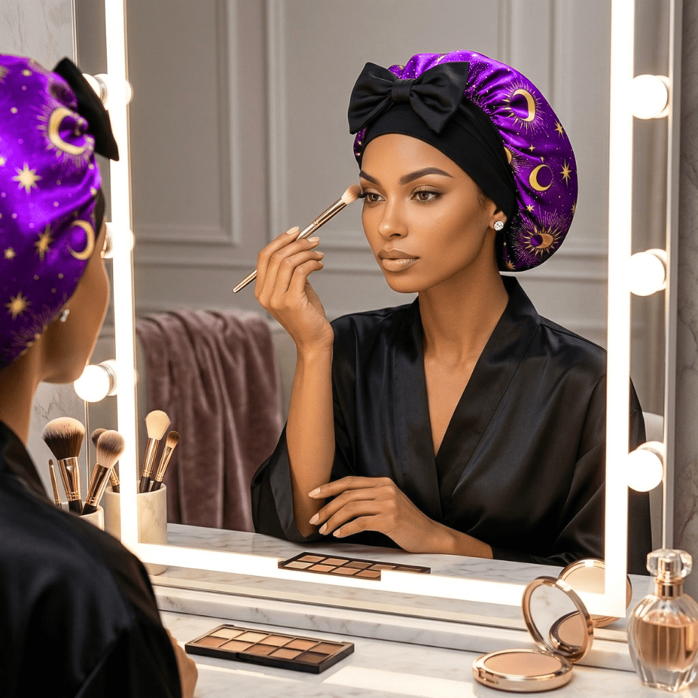 Prince Hair Company Reversible Silk Infused Satin Hair Bonnet, Purple Celestial, Small