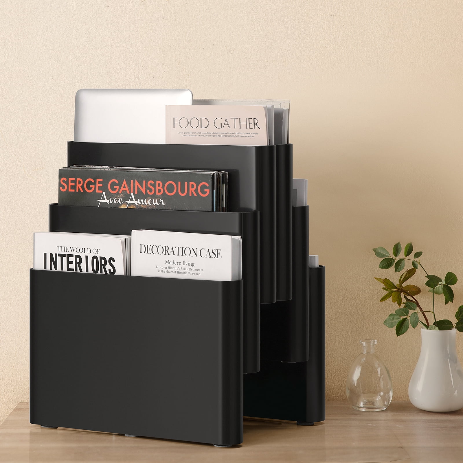 Freestanding Six Pocket Plastic Magazine Rack File Holder, Black
