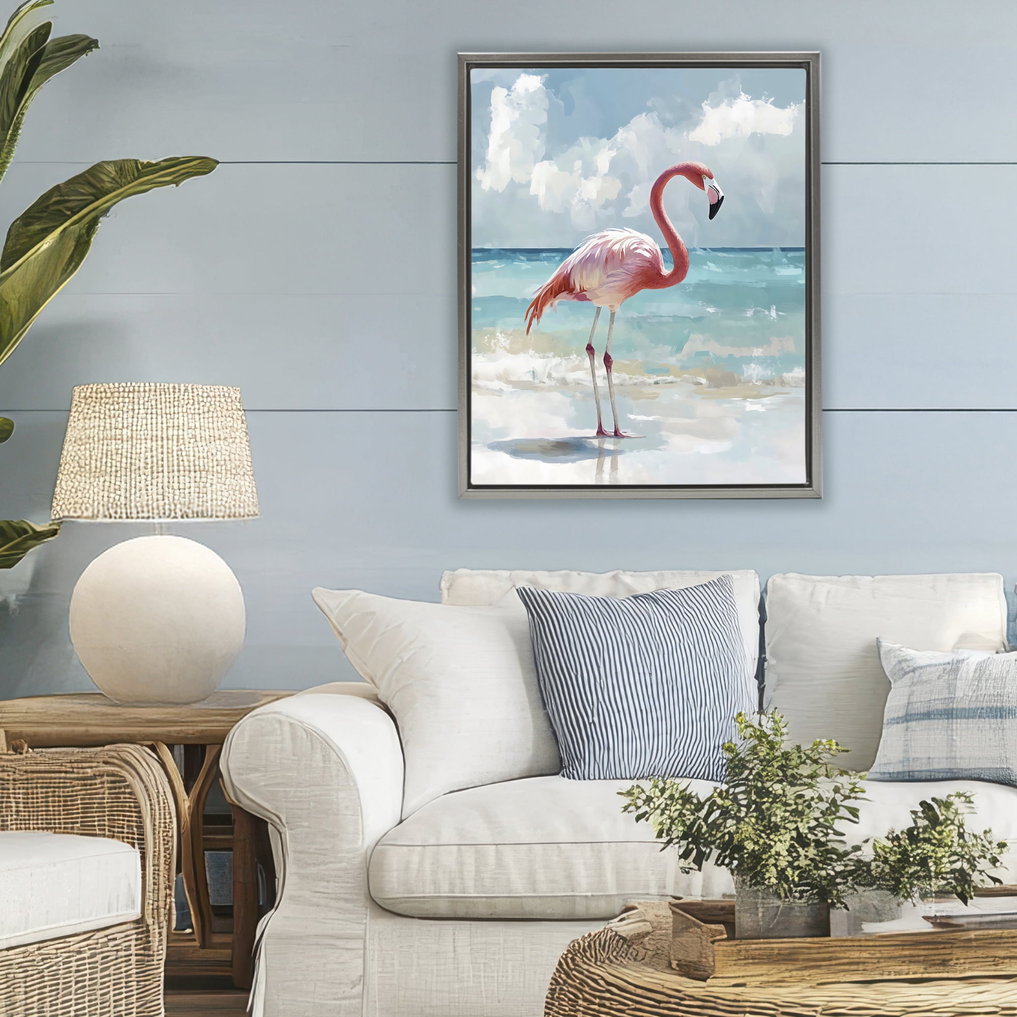 Stupell Industries Flamingo At Shore Gray Framed Floater Canvas Wall Art, design by The Prints Vibe