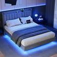 thumbnail image 4 of Full Size Floating Bed Frame with LED Lights, Upholstered Platform Bed Frame with Charging Station & Storage Headboard, 4 of 8