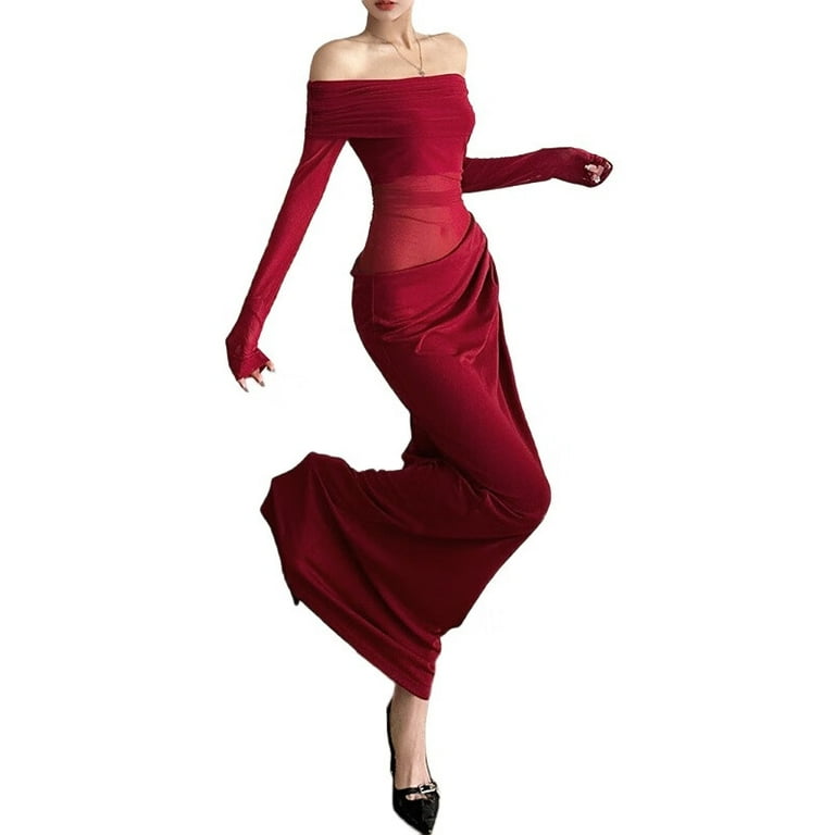 Women'S Mesh Off Shoulder Dress Elegant Sheer See Through Long Sleeve  Ruched Bodycon Maxi Dresses Wine Red XL - Walmart.com