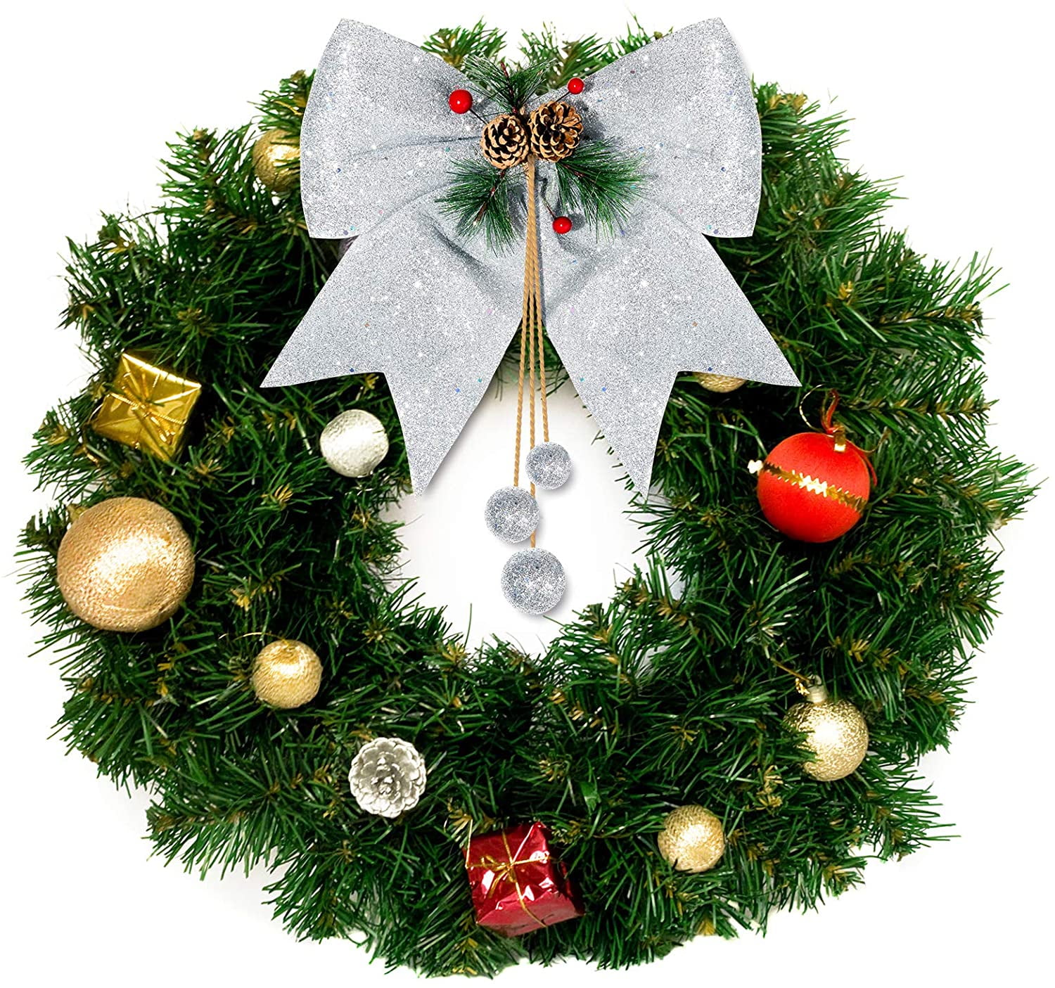 Whaline 4pcs Christmas Bow, Silver Wreaths Bows, Large Glitter Ribbon Bow Tie, Large Xmas Bows, Wreath Ornament Decor for Christmas Tree Party Gift, 9.8 x 11.8