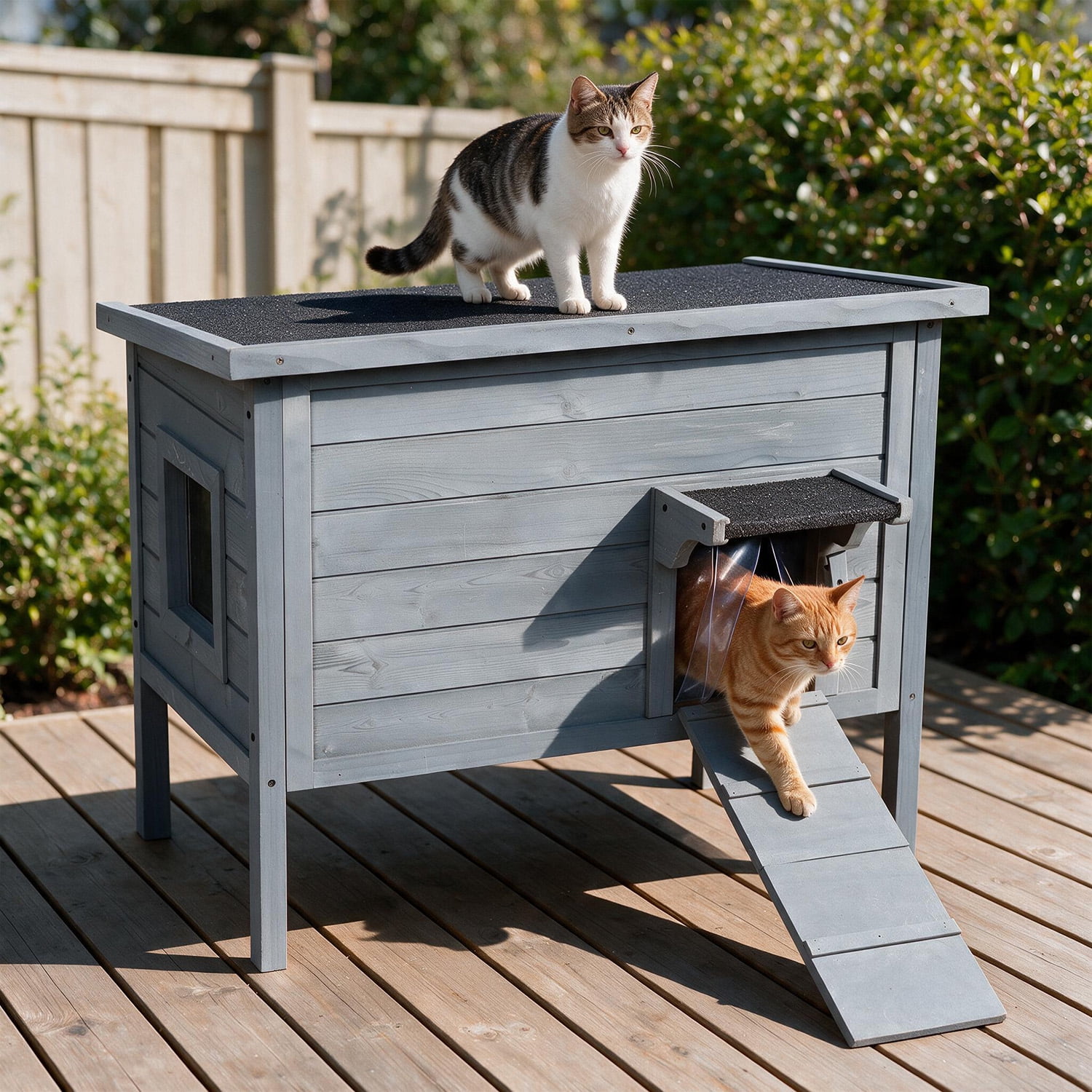 Outdoor Cat House Insulated for Multiple Cats, Weatherproof Large Wooden Pet House, Feral Cat Shelter, Foldable Ladder and Acrylic Side Window, Grey