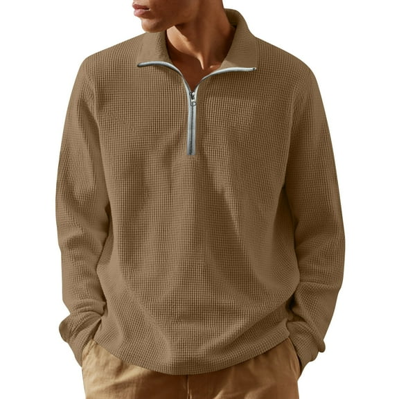 Zimjoy Black Quarter Zip Pullover Men Casual Long Sleeve 1/4 Zipper Pullover Mens Lightweight Mock Neck Fall Quarter Zip Sweater Men Texture Waffle Sweatshirt, Black L