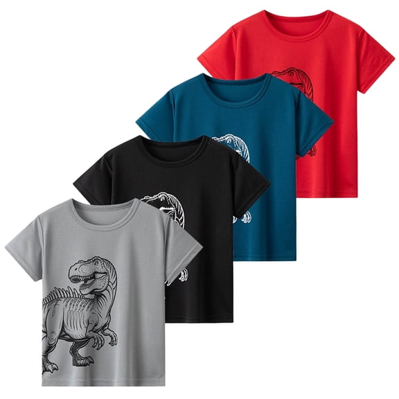 ZQUUVOU Boys Quick Dry T Shirt 4 Pack Dinosaur Print Short Sleeve Crewneck Sporty Running Tee Set Mesh Quick Dry Athletic Tops Black
