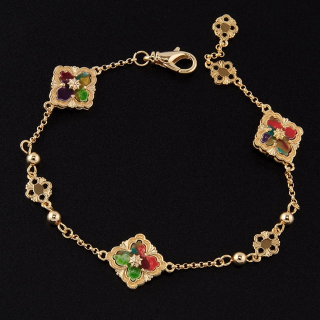 Pulsera de oro de 18 quilates con trébol de cuatro hojas y tres flores, joyería vintage para niñas