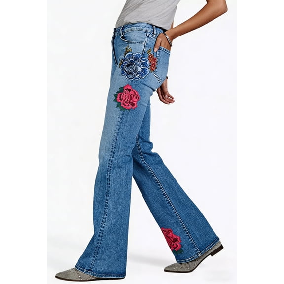 Women's Mid-Rise Flare Jeans with Floral Embroidery - Stretch Denim, Retro Western Style for Casual & Party Wear