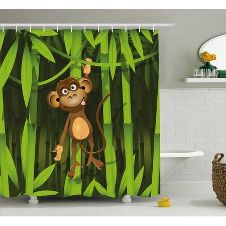 Monkey Drapery Fabric - Jungle Shower Curtain, Wildlife Theme with Illustration of a Cute Monkey in the Jungle Print, Fabric Bathroom Set with Hooks, Brown and Fern Green, by Ambesonne