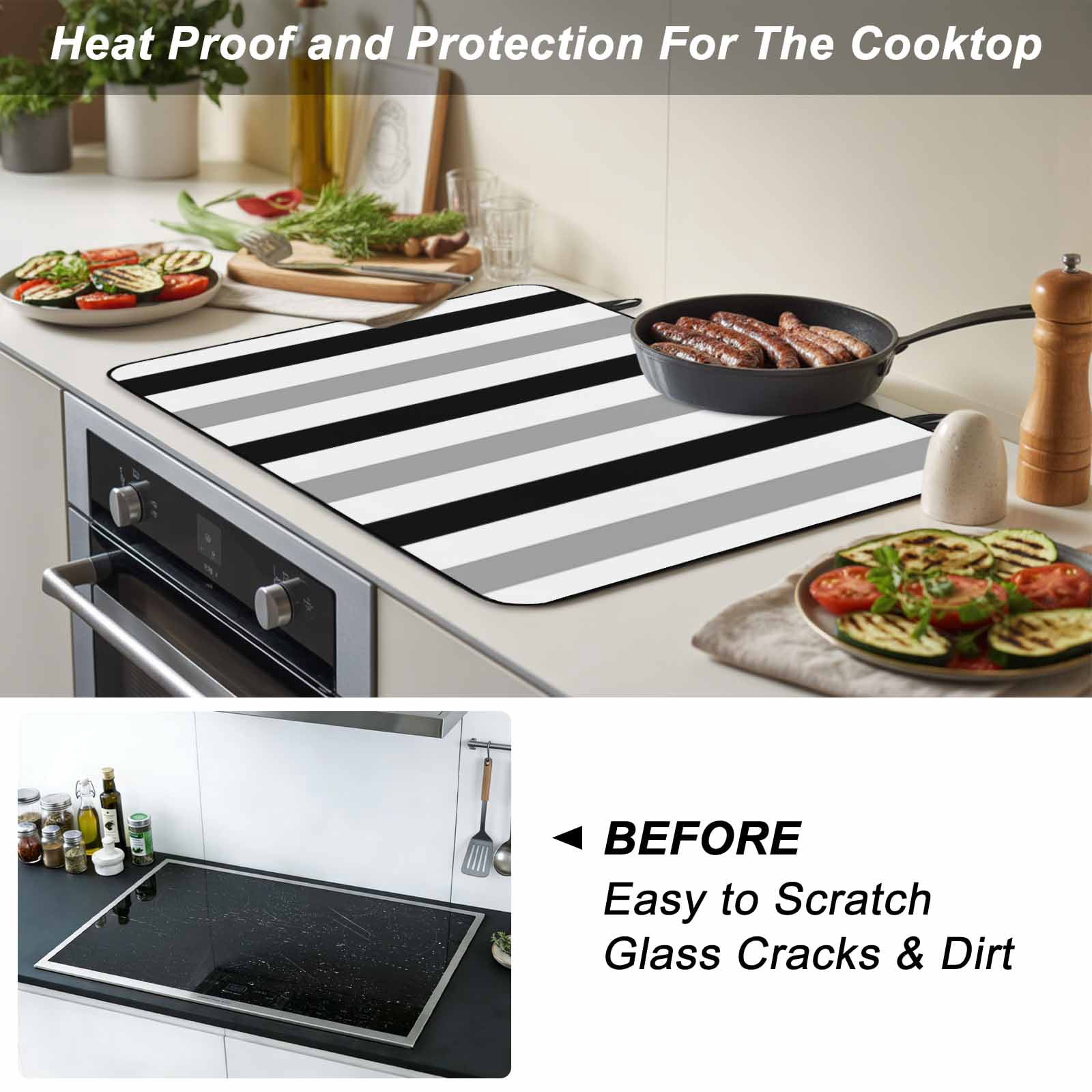 Black Gray Striped Stove Top Cover for Electric Stove, Heat-proof & Non Slip Glass Top Stove Cover Protector, Farmhouse Stripe Art Kitchen Flat Cooktop Rubber Mat 24x21 Inches