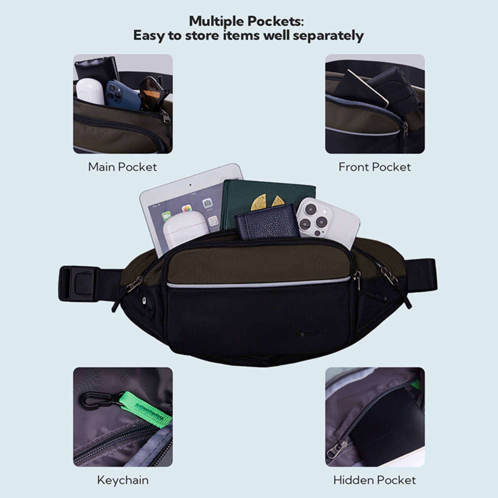 WATERFLY Unisex Hiking Walking Travel Nylon Fanny Pack Waist Bag,Black with Army Green