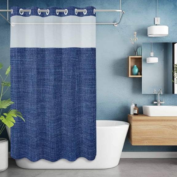 No Hook Shower Curtain with Snap in Liner, Navy Blue Retro Linen Waterproof Fabric Bathroom Curtain Mesh Top Window, Solid Color Shower Curtains 36x72in