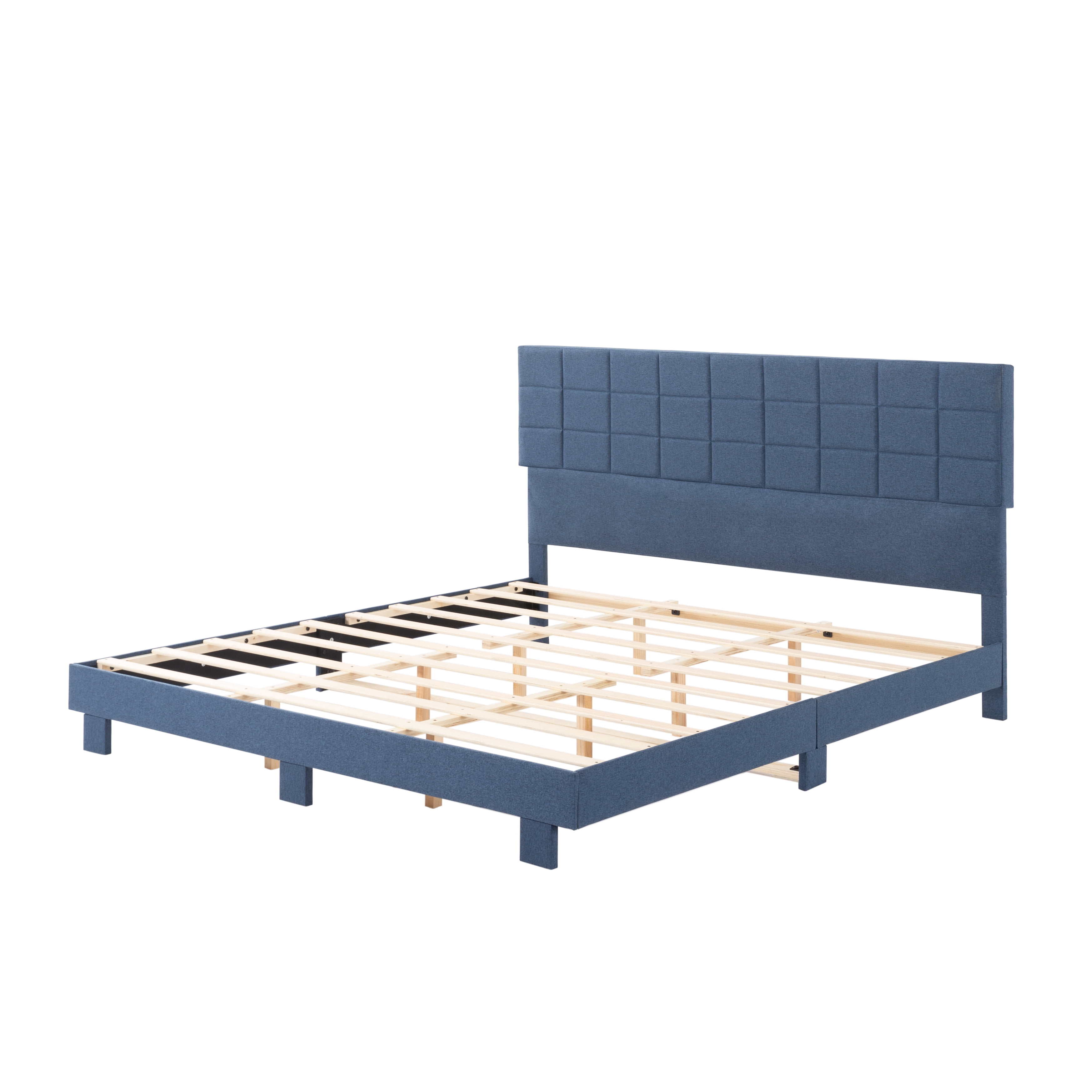 BSHTI King Size Modern Upholstered Platform Bed Frame with Linen Fabric Headboard, No Box Spring Needed,for Bedroom/Apartment(Blue)