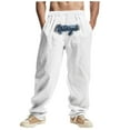 thumbnail image 2 of Pantalones largos para hombre, holgados, informales, de lino, de color liso, con bolsillo bordado, cordón ajustable y cintura elástica, de poliéster., 2 of 8