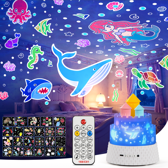Kids Night Light Projector, Sensory Toys Baby Toys, 12 Music & 23 Films, Dimmable Timer Remote Projector,Rechargeable Sleep Aid with 360° Rotating, Remote & Timer