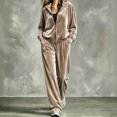 thumbnail image 2 of Szluipve Women Velvet 2 Piece Tracksuit Zip Up Hooded Long Sleeve Jacket High Waist Wide Leg Pants Casual Solid Loungewear Matching Set, 2 of 6