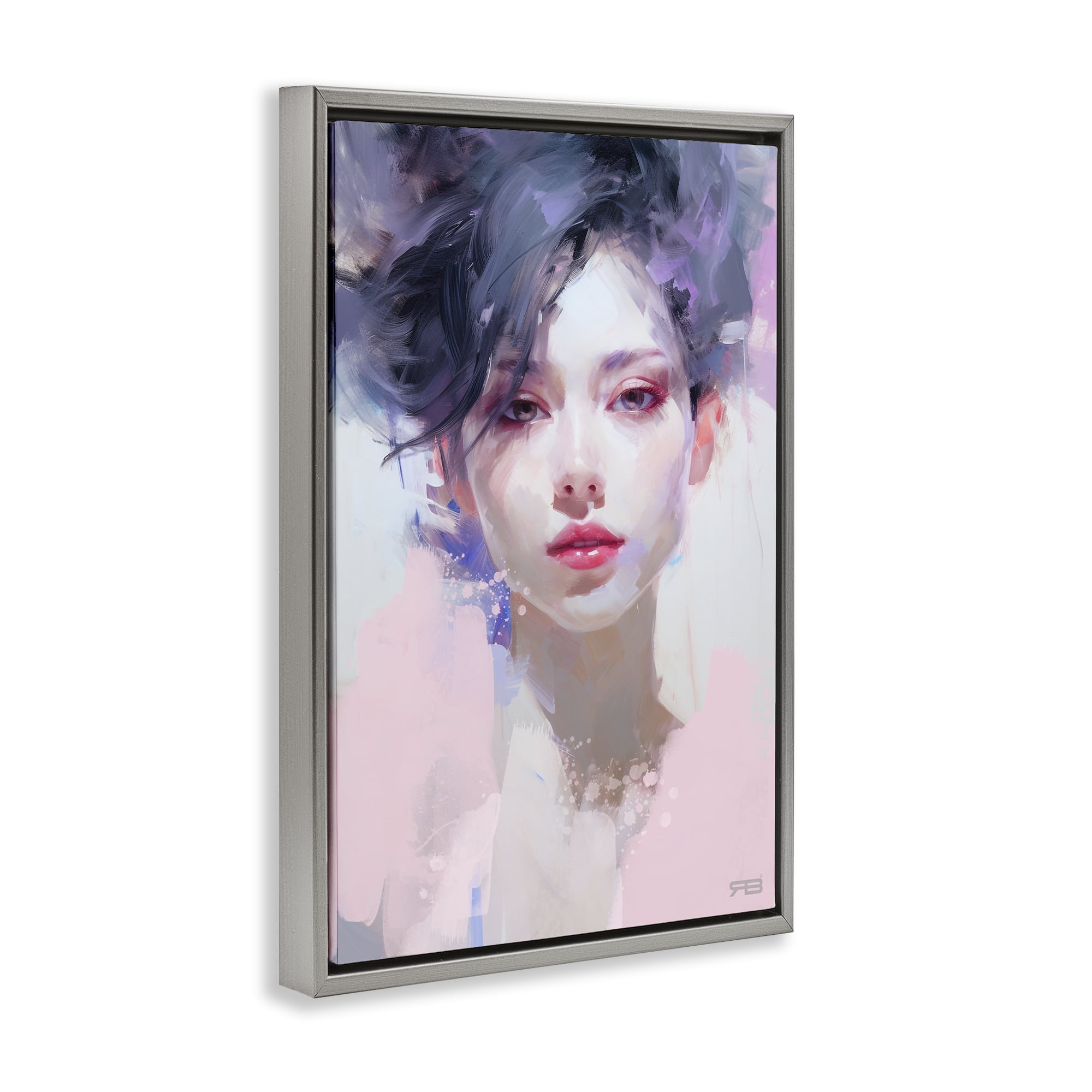 Stupell Industries Purple Haired Woman Novelty Painting Gray Floater Framed Art Print Wall Art, 17 x 25