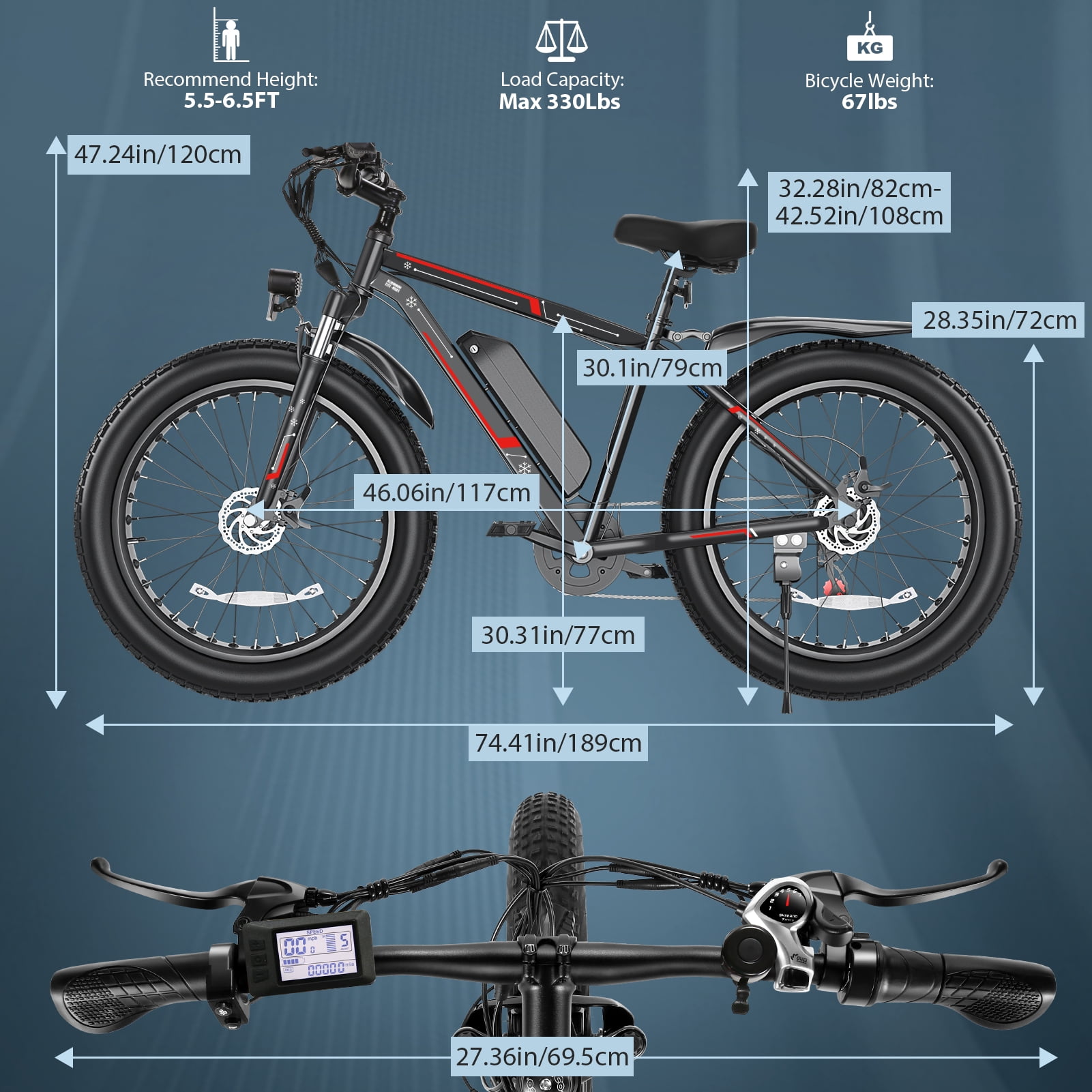Elifine 26"x4.0 Fat Tire Electric Bike, 624Wh Battery, 48V 500W Ebike Electric Mountain Bike, Cruise Control Mode, Adult E Bikes for Men, LCD Meter, 7-Speed Snow Bike Beach E-Bike for Adults UL2849