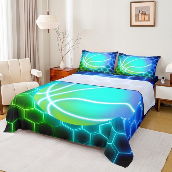 Manfei Neon Basketball Full Sheet Sets, Futuristic Honeycomb Bed Sheets Full, Sport Player Bedding Sets Full Size, Breathable Room Decor, 4 Pieces