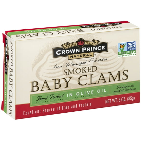 Crown Prince Natural Canned Wild Caught Smoked Baby Clams, in Olive Oil, 3 Oz