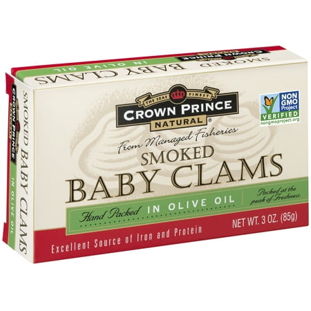 - (2 Pack) Crown Prince Natural Smoked Baby Clams In Olive Oil, 3 oz