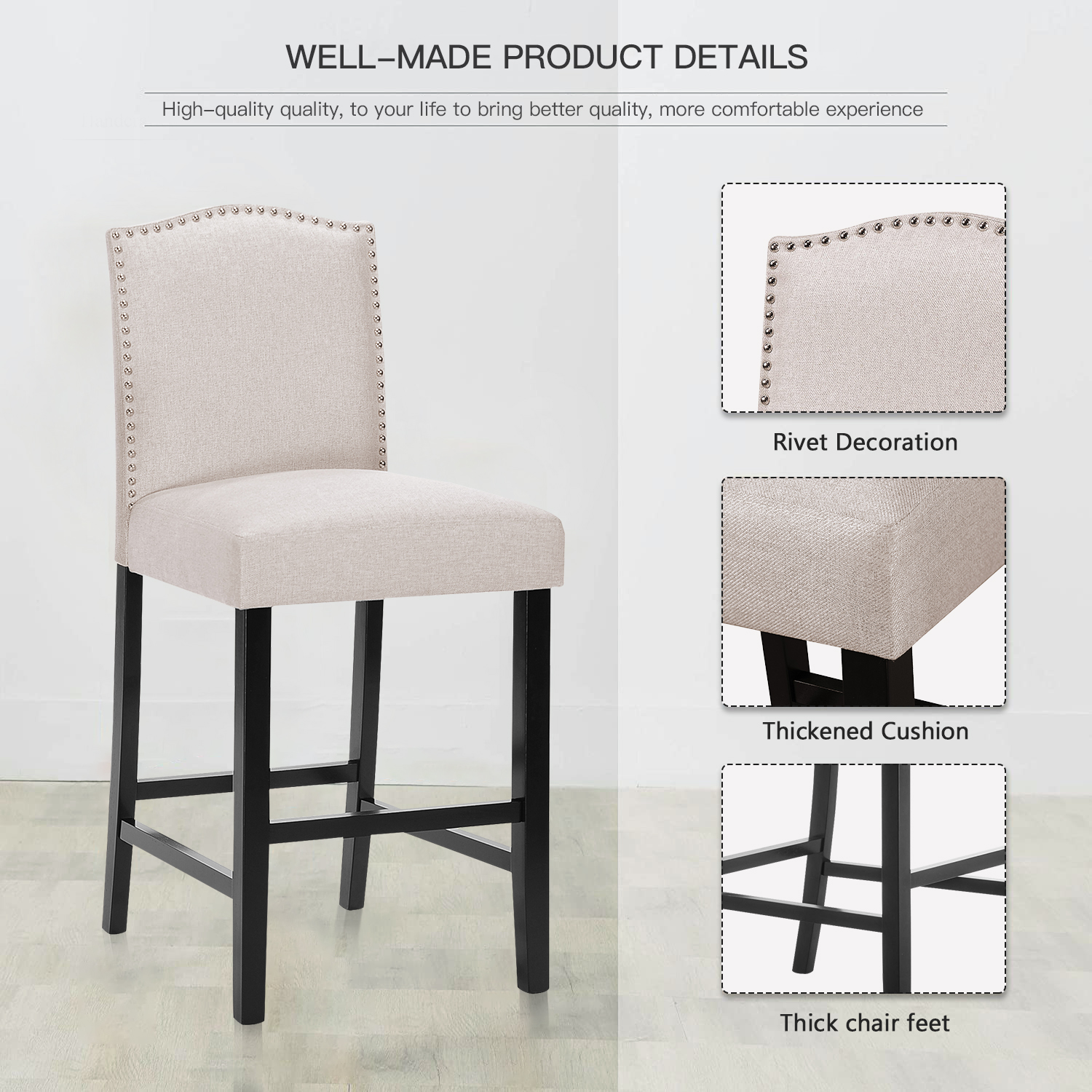 Kadyn Counter Height Fabric Upholstered Chairs with Nailhead, Bar Counter Chairs for Bedroom, Bar Stools 2-pcs Set, Wheat Kadyn Counter Height Fabric Upholstered Chairs with Nailhead, Bar Counter Chairs for Bedroom, Bar Stools 2-pcs Set, Wheat