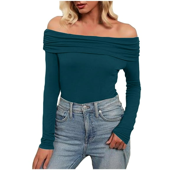 Oplxuo Womens Ruched Off the Shoulder Fitted Shirt Elegant Long Sleeve Pullover Tops Solid Fall Y2K Tight Going Out T Shirts