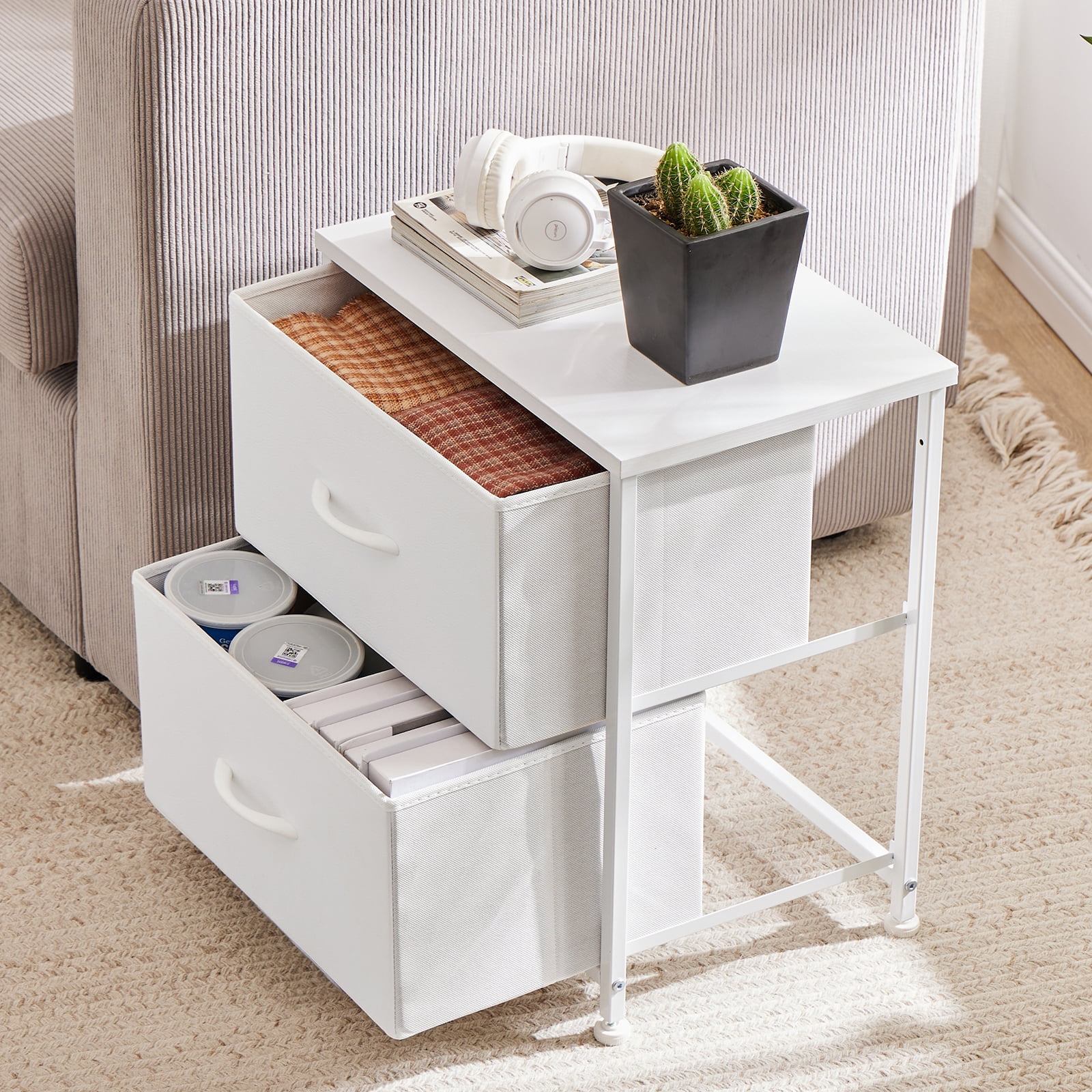 edx Nightstand, End Table Side Table with 2 Fabric Drawers Bedside Table for Bedroom, Closet, Dorm, White