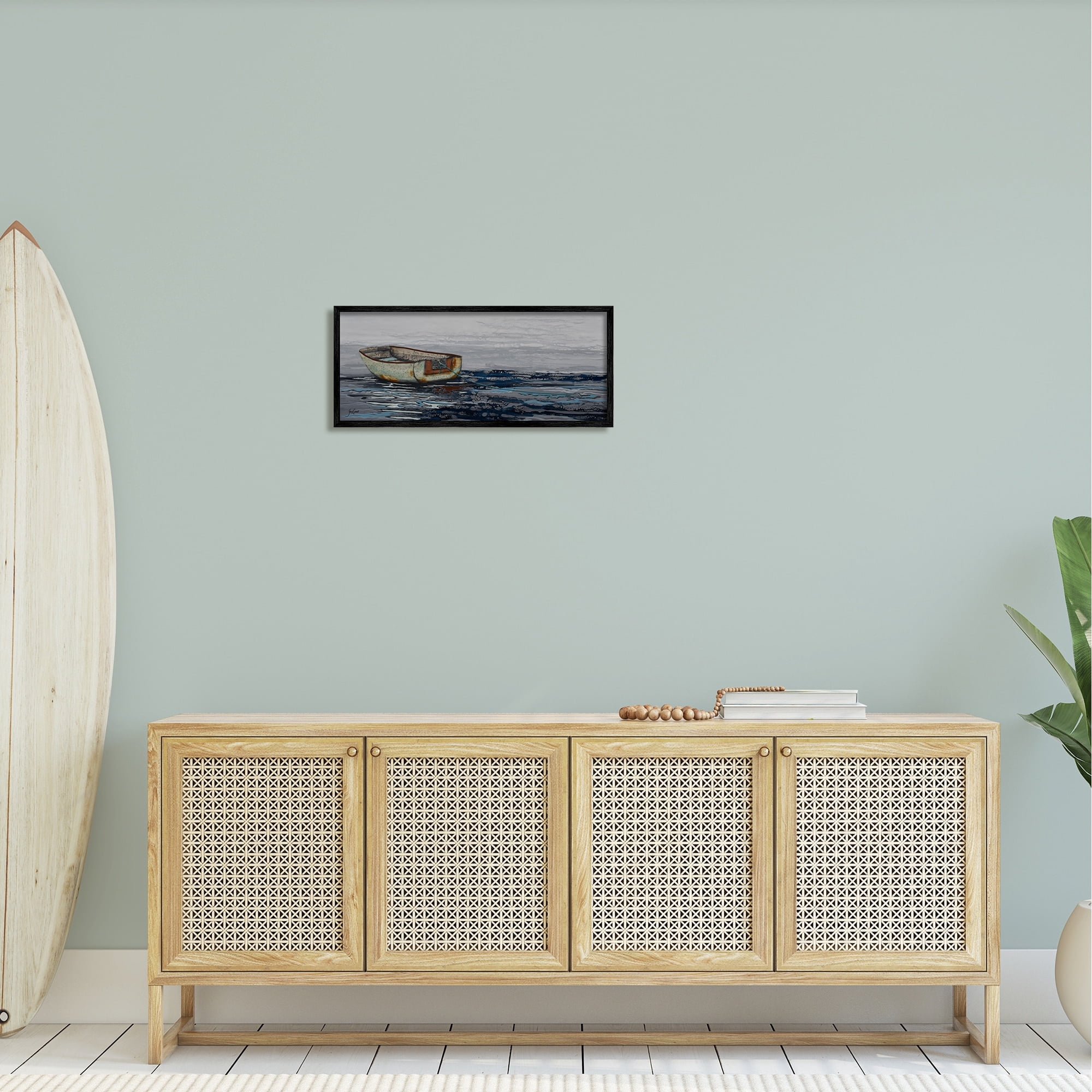 Stupell Industries Collaged Dinghy Boat Drifting Vast Ocean Sea Painting Gray Framed Art Print Wall Art, Design by Stacy Gresell