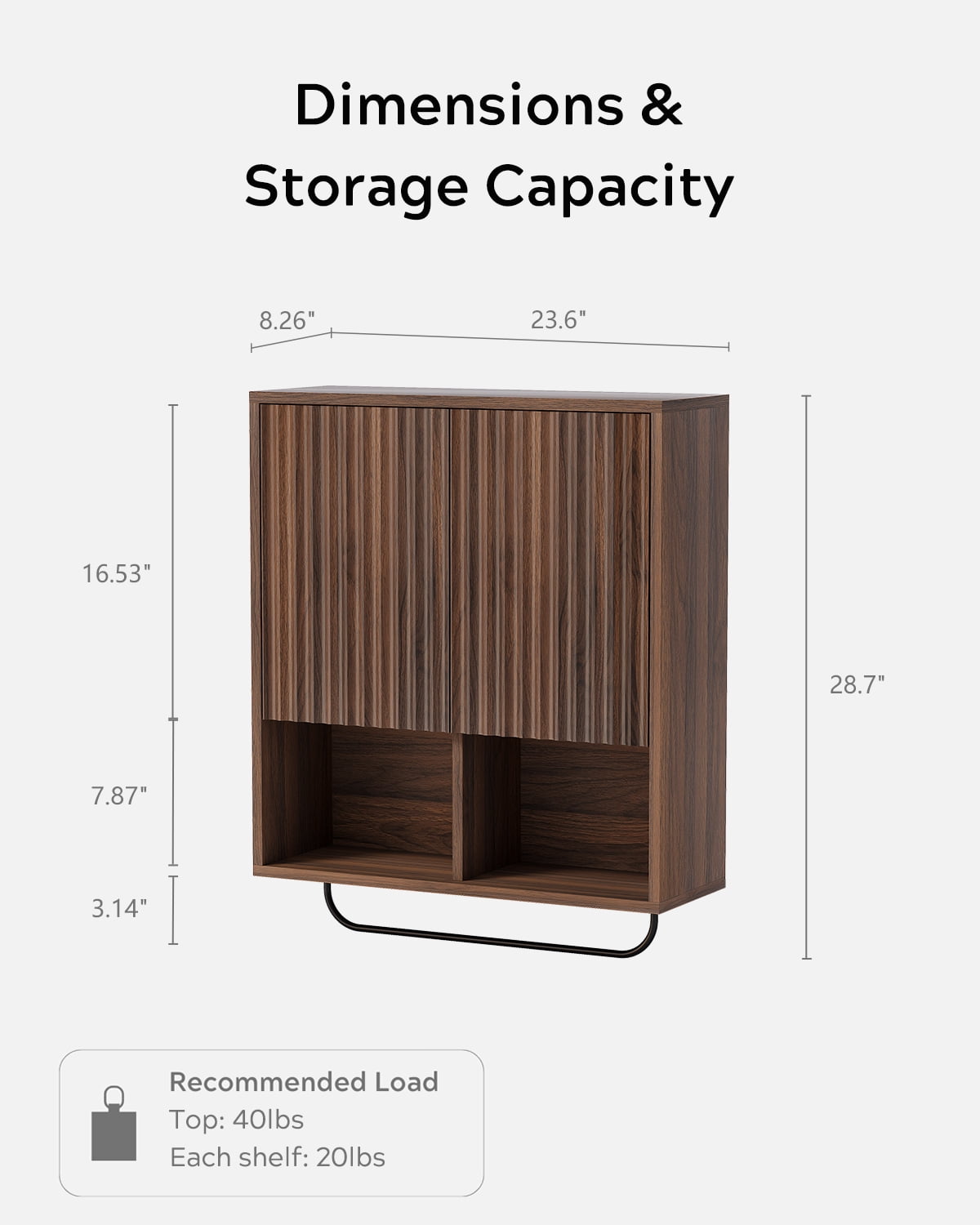 EYYTHUNG Fluted Wooden Medicine Cabinet Storage, Brown Bathroom Wall Cabinet with 2 Doors Adjustable Shelf and Towels Bar