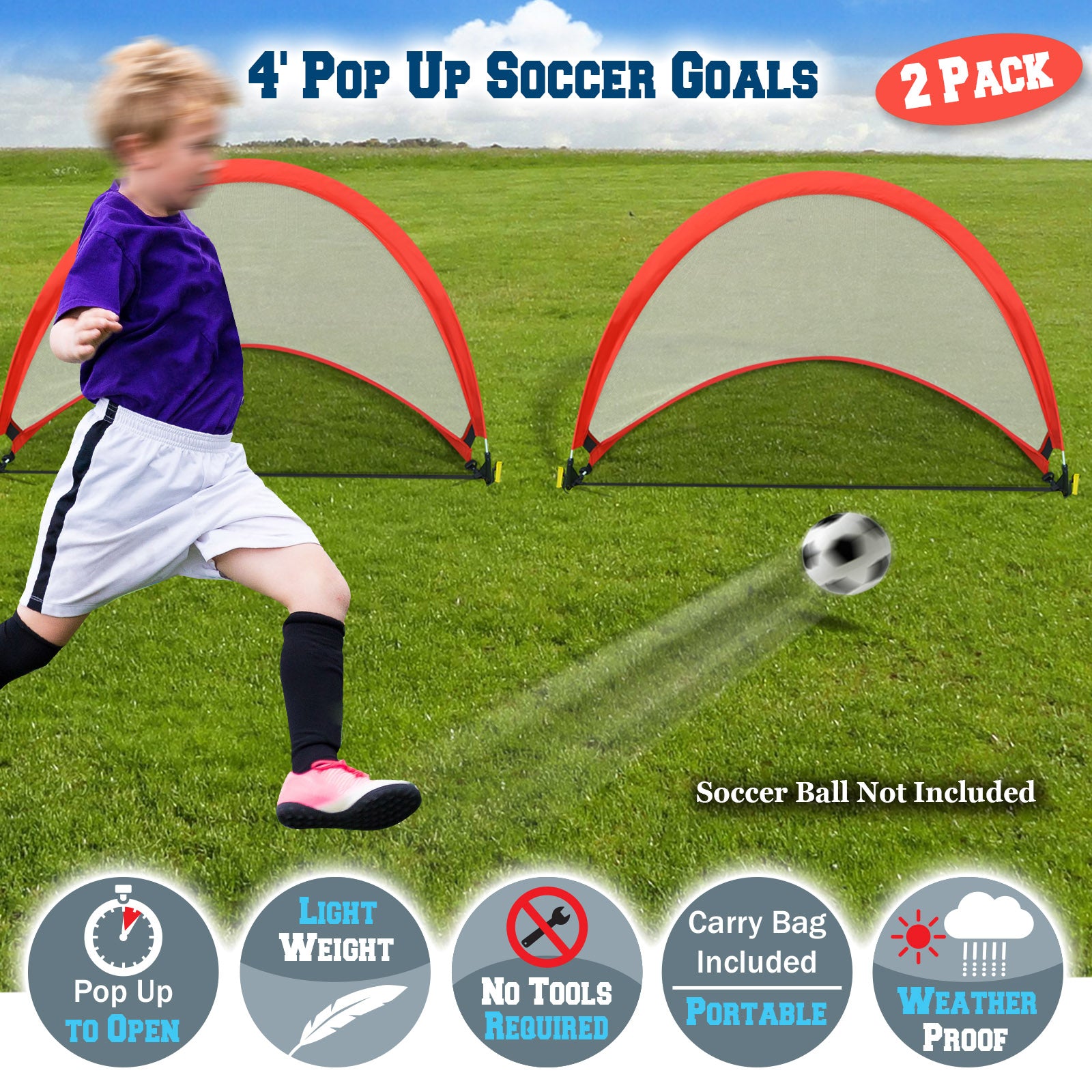 SUNRISEUMBRELLA 4ft Portable Pop Up Soccer Goal Football Practice Training Sport Nets w CarryBag（RED)