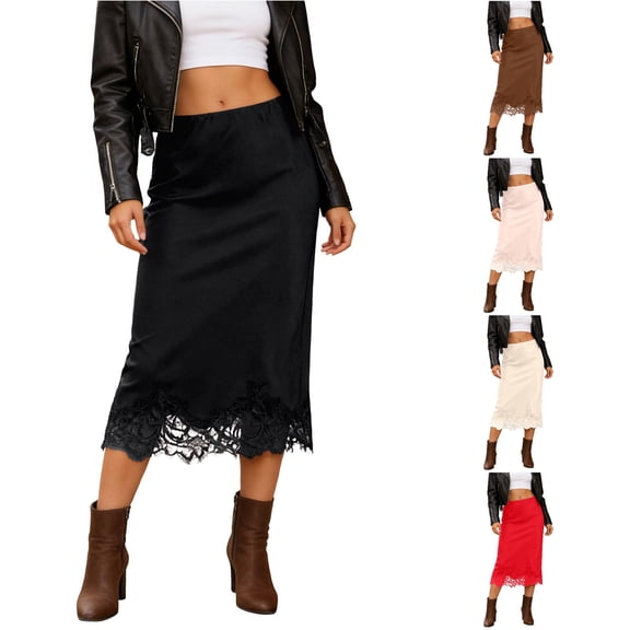 Hauaitttt Elegant Satin Skirt with Lace Detail Flowy Midi Length for Party and Evening Wear Metallic Skirts for Women Silk Skirt Tassel Skirt Skirt for Women Silk Skirt Floral Skirt Two Piece