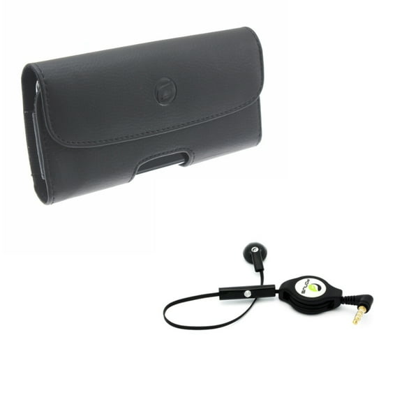 Black Leather Case w Retractable Headset MONO Handsfree Earphone Mic M1M for Alcatel Avalon V, REVVL 2, Idol 5S, 1x Evolve - Google Pixel 3a - HTC One M8 E8, Desire 626s 626 555 530