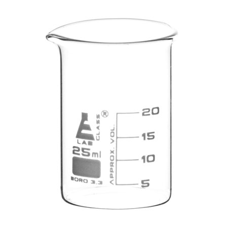Beaker, 25ml - Low Form with Spout - White, 5ml Graduations - Borosilicate 3.3 Glass - Eisco Labs