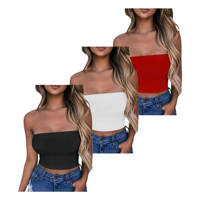 Timegard Womens 3pc Tube Tops Built in Bra Strapless Solid Color Crop Top Basic Undershirts Everyday Bras