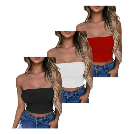 Lovskoo Womens 3 Pack Tube Tops Crop Tops Going Out Strapless Basic Backless Bandeau Bra Summer Outfits 2024 Y2K Clothes Black + White + Red