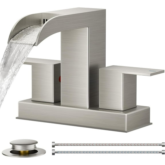 Brushed Nickel Bathroom Faucets for 2 Hole or 3 Hole, Waterfall 4 Inch Centerset Bathroom Sink Faucet with Metal Pop-up Drain and Supply Lines, Two Handles for Vanity, Basin