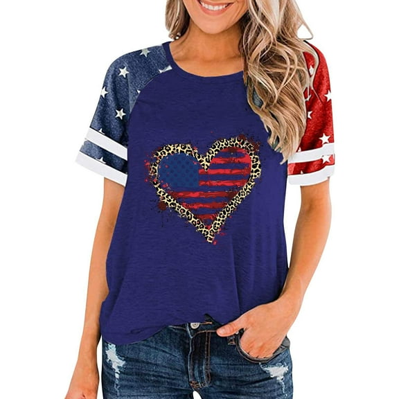 American Flag Shirt for Women Womens Fourth of July Shirts Independence Day Shirts 4th of July Womens Tee Women's Crew-Neck Gradient Short-Sleeved Pleated Loose Shirts Blouse
