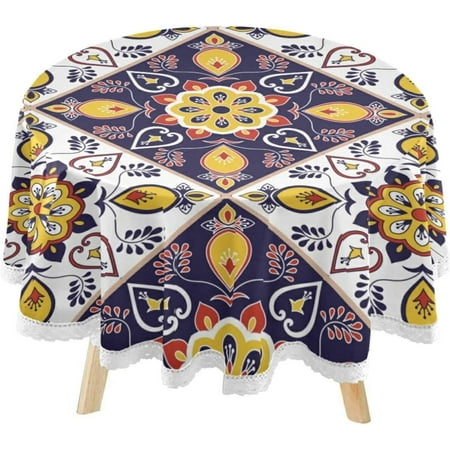 SKYSONIC Mexico Flower Ornament Round Tablecloth 60inch Indoor Wrinkle Free, Ethnic Tribal Style Circular Lace Table Cover Washable for Kitchen Party BBQ Dining Decor