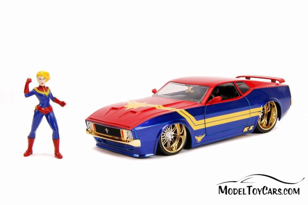 1973 Ford Mustang Mach 1 with Captain Marvel Figure, Red and Blue - Jada 31193/4 - 1/24 Scale Diecast Model Toy Car