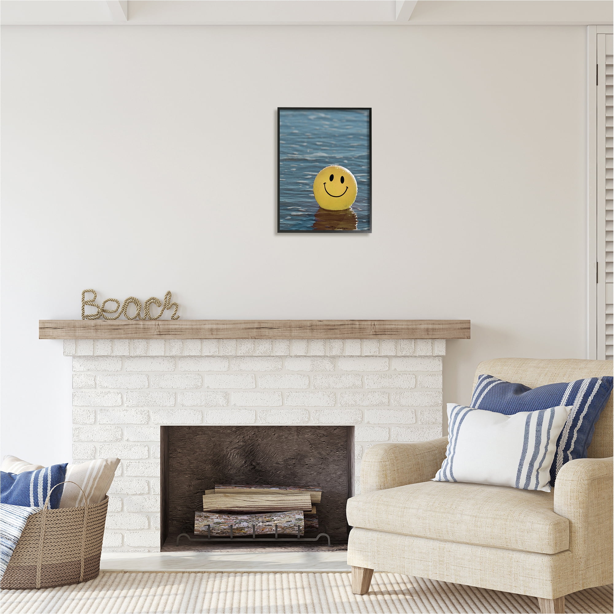 Stupell Industries Smiley Beach Ball Landscape Photography Black Framed Art Print Wall Art, 16 x 20