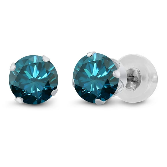 Gem Stone King 14K White Gold Blue Diamond Stud Earrings for Women Men | 0.54 Cttw | Gemstone April Birthstone | Round 4MM
