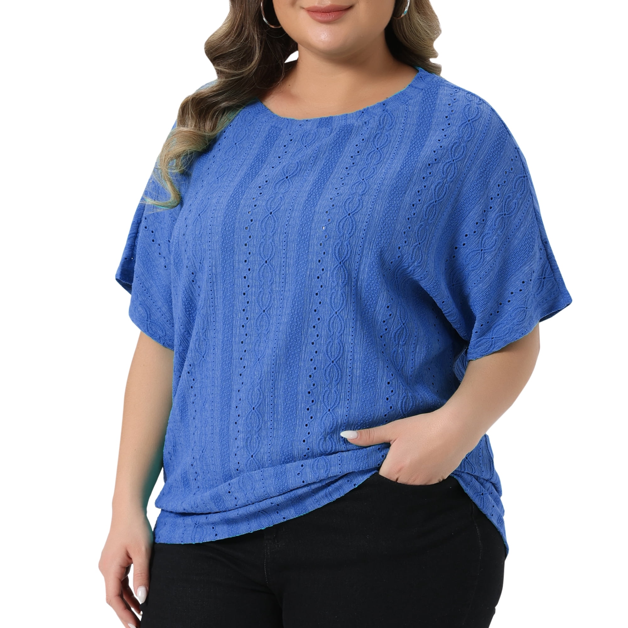 DARING DIVA Women's Plus Crew Neck Hollow Short Sleeve T Shirt 4X Royal Blue