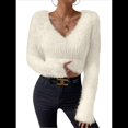 thumbnail image 1 of Suéter Corto de Larga con Cuello en V para Mujer, Informal, Liso, Ajustado, Cálido, de Punto Albaricoque M, 1 of 8
