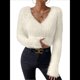 thumbnail image 1 of Suéter Corto de Larga con Cuello en V para Mujer, Informal, Liso, Ajustado, Cálido, de Punto Albaricoque XL, 1 of 8