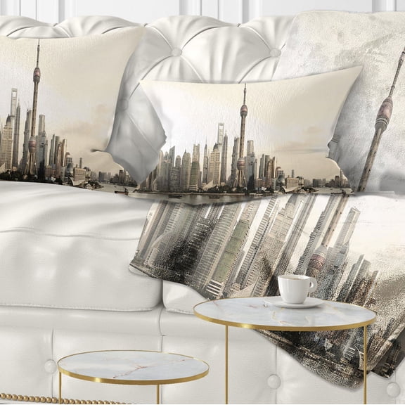 Designart Shanghai s Modern Architecture - Cityscape Photo Throw Pillow - 12x20